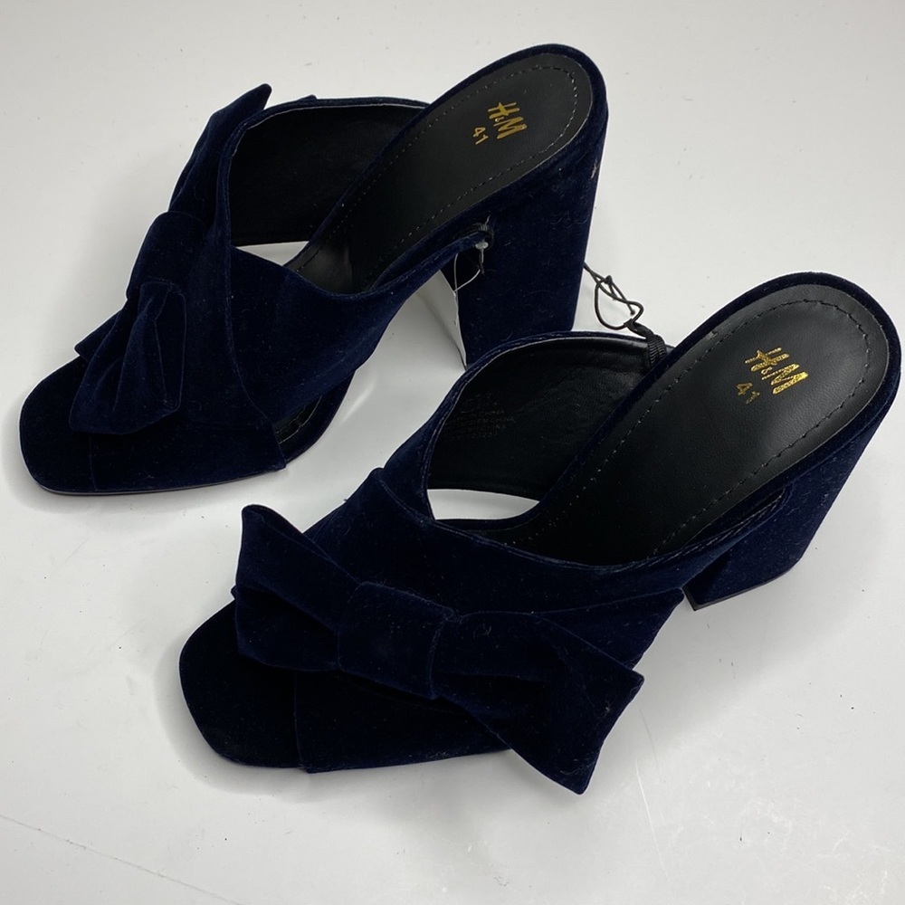 H&M‎ Womens Velvet Bow Block Heel Mules Navy Blue Elegant Sandals Size 9-1/2